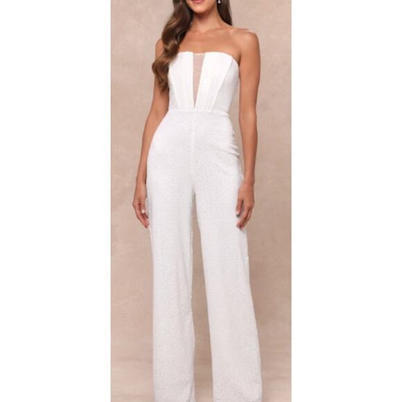 Lulu's Pants - LULU'S SZ S Glamorous Spirit White Sequin Strapless Bustier Party Jumpsuit B27